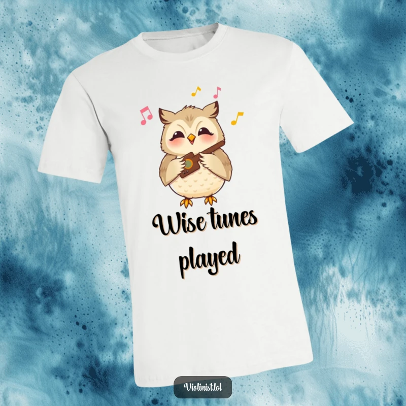 Funny owl t-shirt depicting a content owl playing a musical instrument with a serene smile, evoking peaceful harmony.