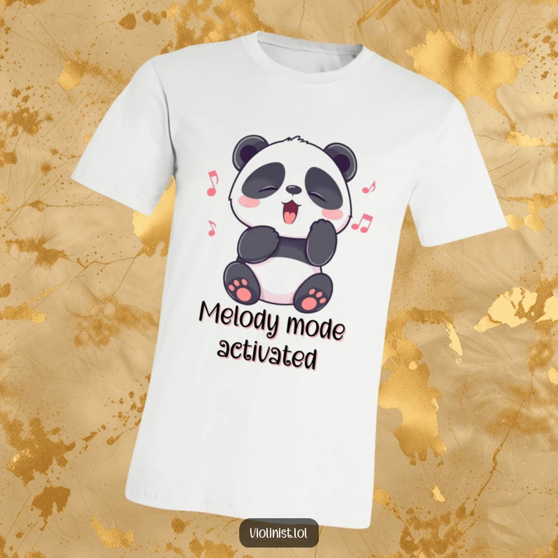 Funny playful panda with eyes shut tight in ecstasy, lost in a captivating melody, printed on a fun t-shirt, funny gift.