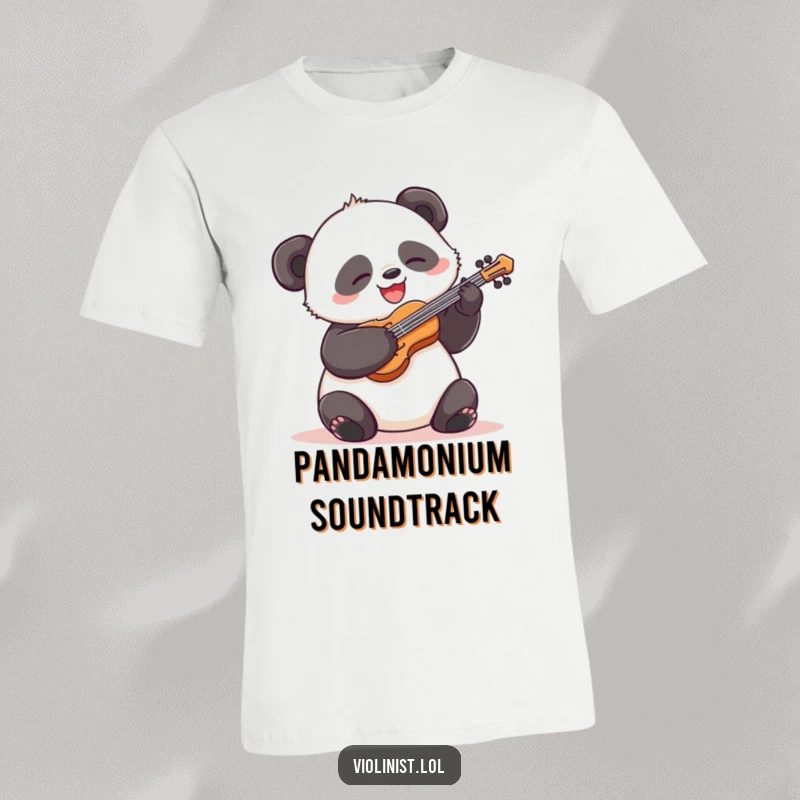 Funny panda t-shirt, silly grin, energetically strumming a small violin, showcasing a high-energy and humorous performance.