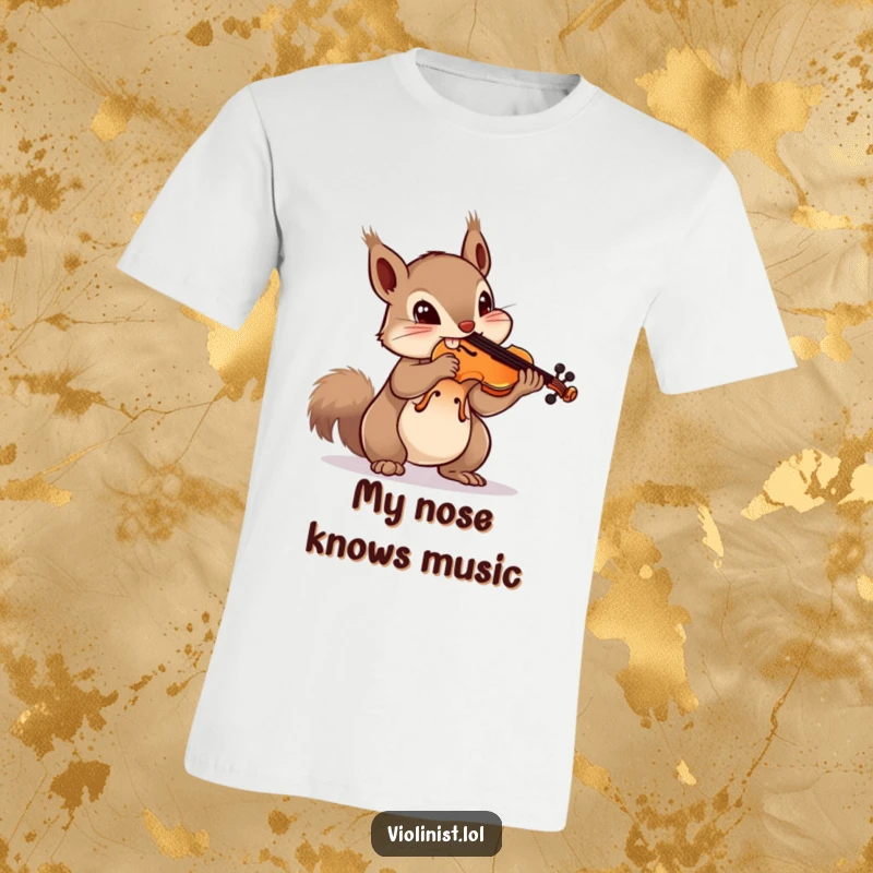 Funny squirrel t-shirt depicting a curious squirrel trying to balance a violin on its nose, a moment of musical ambition.
