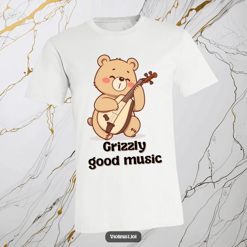 A determined bear enthusiastically playing a cello with great passion, showcased on a t-shirt.