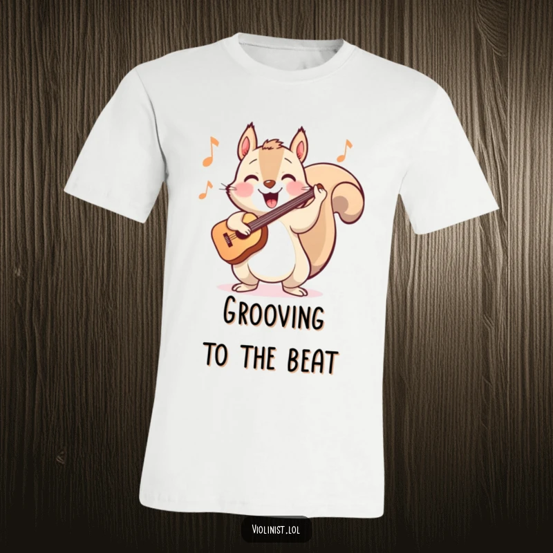 Funny t-shirt of a happy squirrel energetically bopping its head while enthusiastically playing a cheerful tune on the violin.