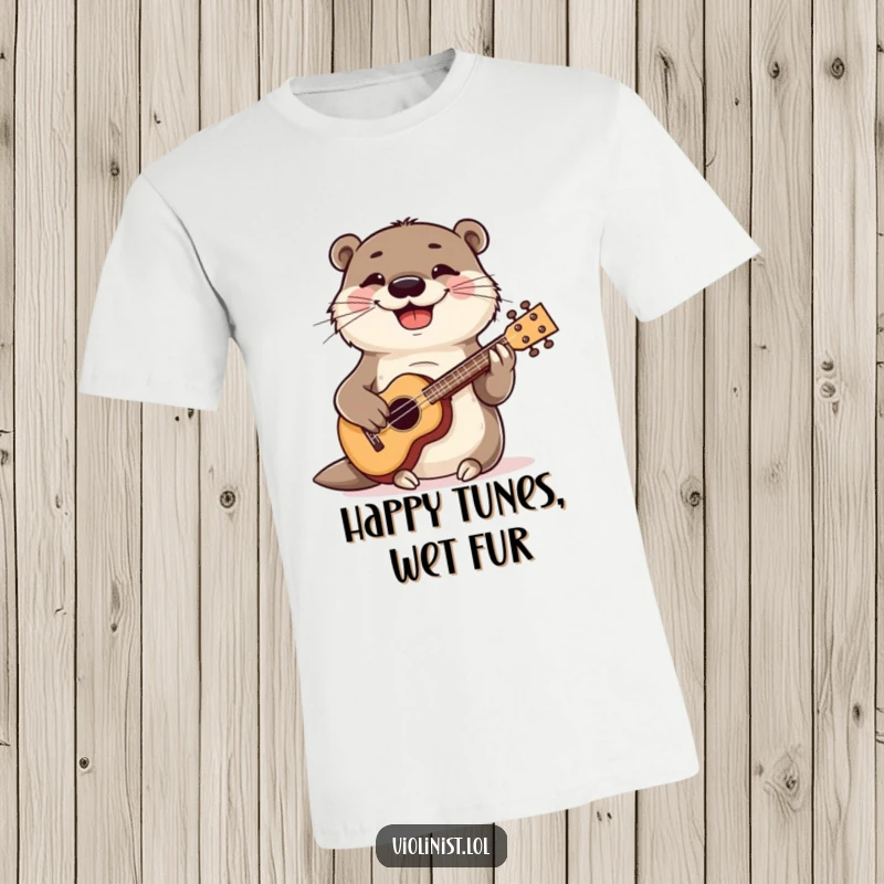 Funny grinning otter strumming a ukulele, playful animal t-shirt, musical and cheerful design.