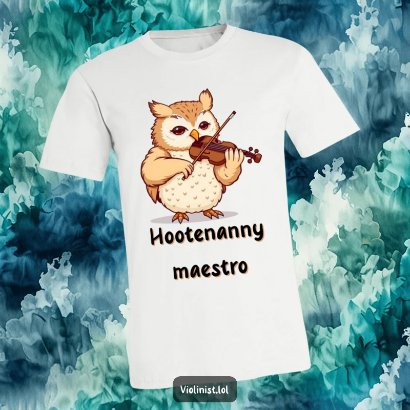 Funny owl t-shirt, content and focused, playing a complex violin piece with grace, a true maestro of the strings.