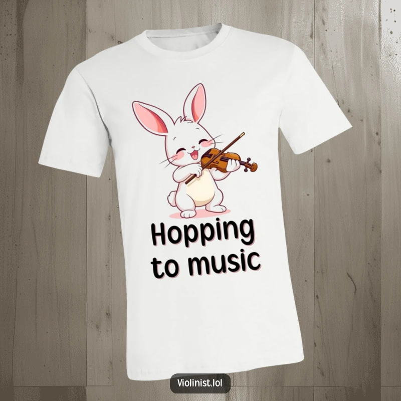 Funny t-shirt featuring a joyful bunny energetically playing the violin with a bright bow, symbolizing musical passion.