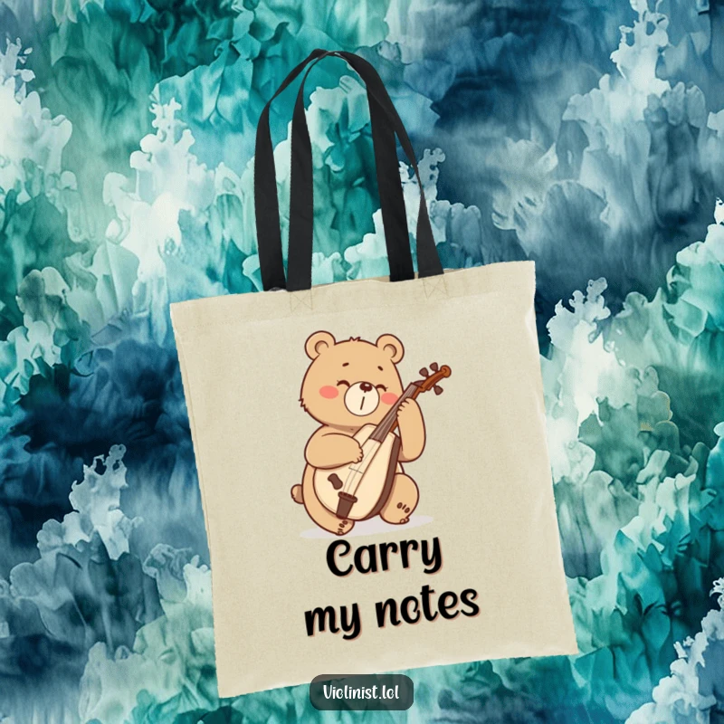 Funny bear playing a cello with great enthusiasm, printed on a durable tote bag.