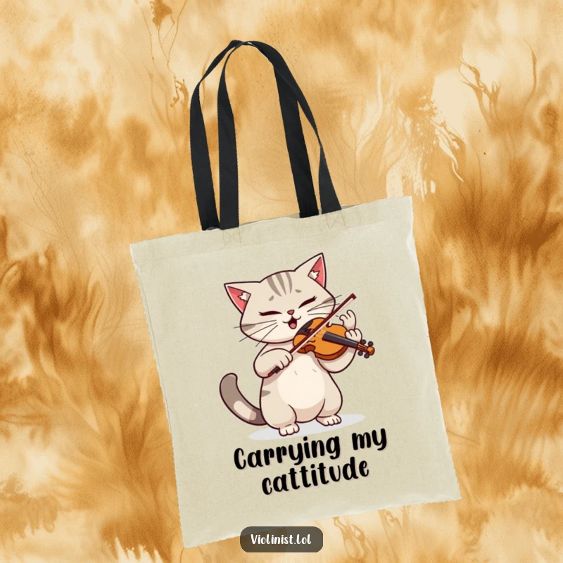 Funny tote bag showcasing a determined cat playing violin with dramatic flair and a twitching tail, a stylish musical accessory.