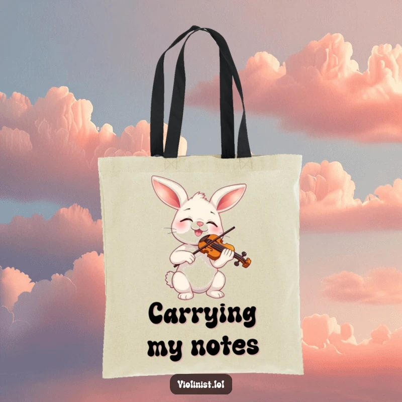 Funny bunny bowing a miniature violin, perfect for this stylish and humorous tote bag, carrying essentials with joy.