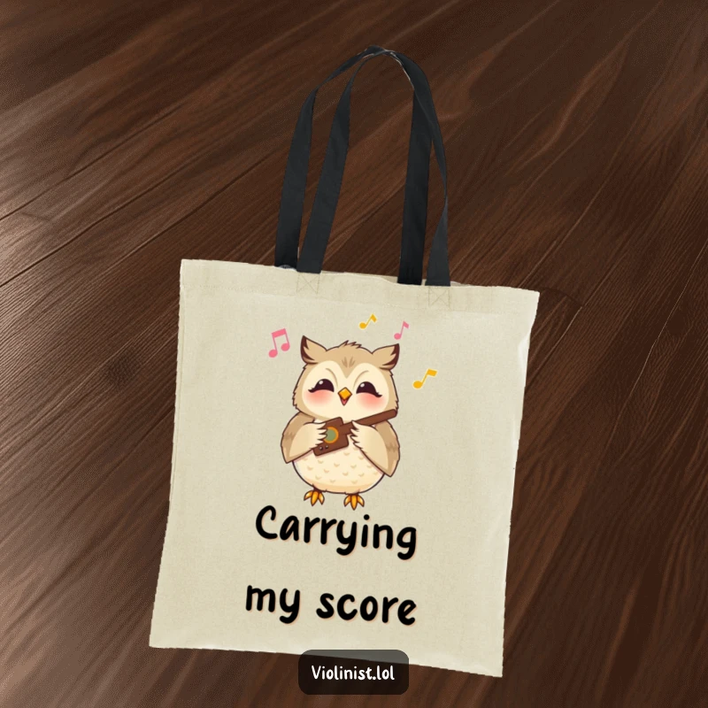 Funny owl tote bag showing a content owl playing a musical instrument with a serene smile, perfect for carrying books humorously.