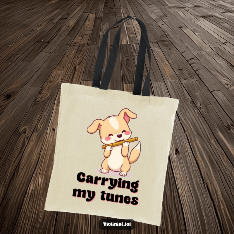 Funny dog tote bag, a happy dog wagging its tail, humorously trying to play a flute, embodying cheerful musical ambition.
