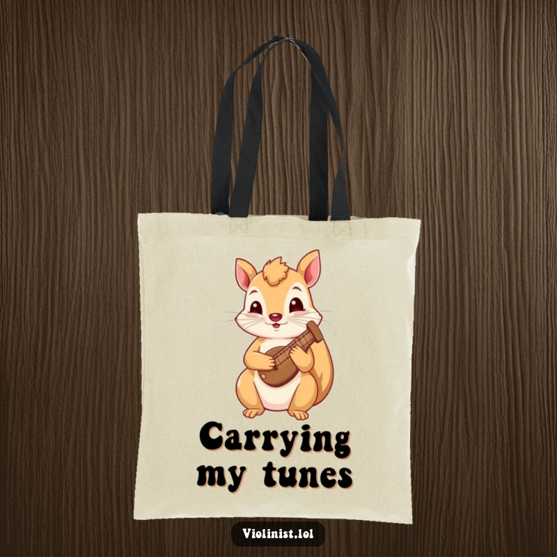 Funny squirrel tote bag depicting a curious squirrel playing a tiny harp, ideal for carrying items with musical whimsy.