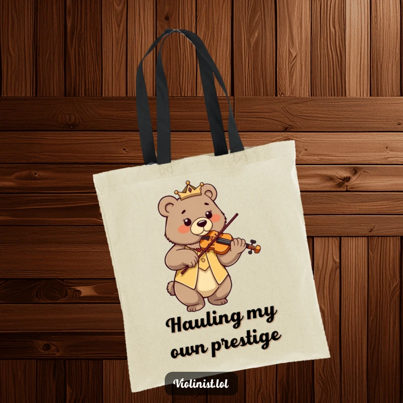 Funny proud bear playing violin with regal posture and focused gaze, a humorous tote.