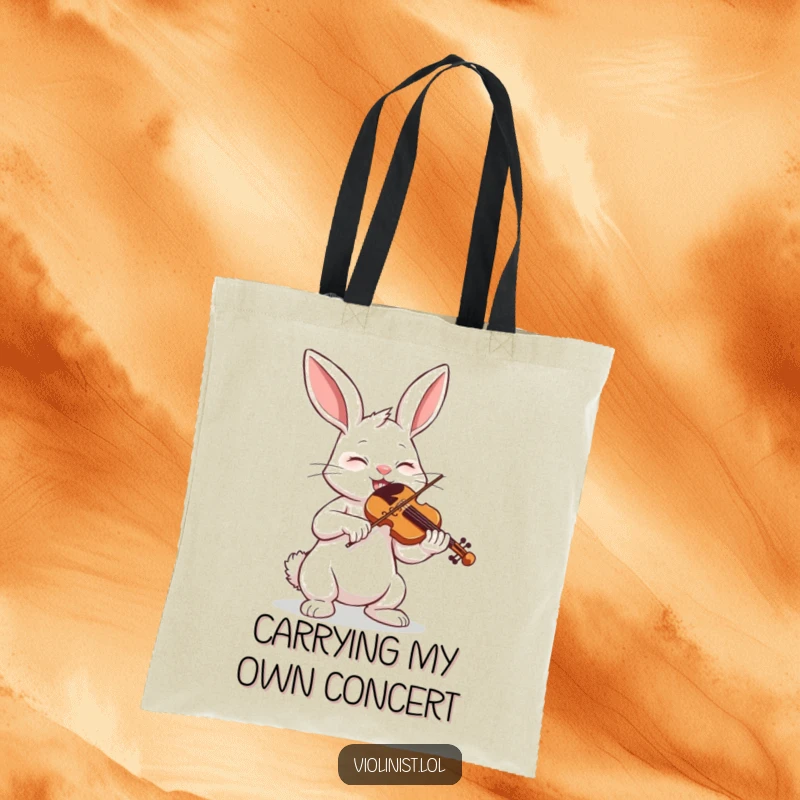 Funny determined bunny playing violin with eyes closed, a humorous tote bag for music lovers.