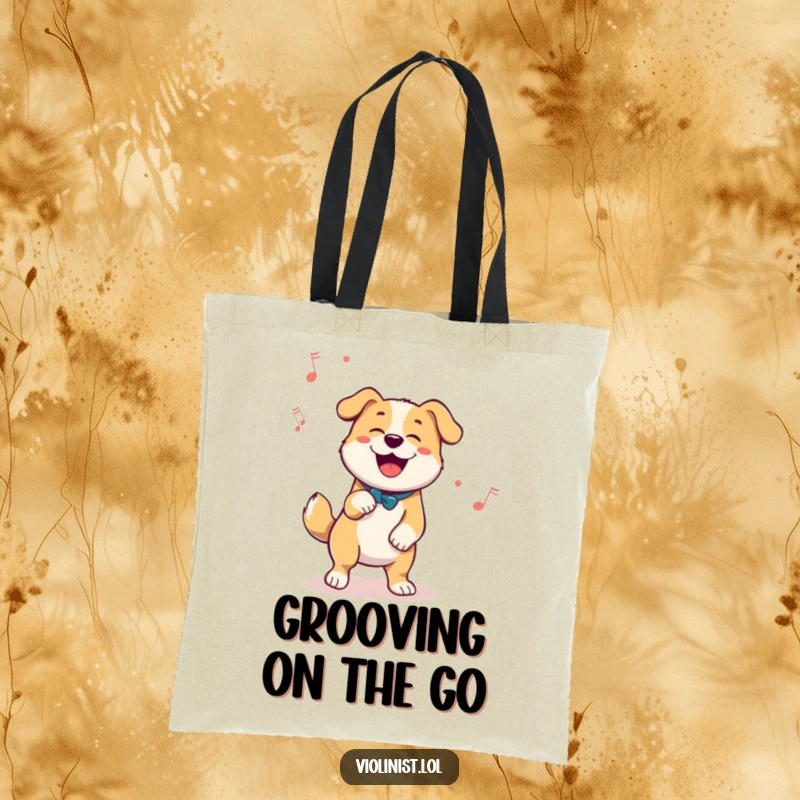 Funny tote bag with a happy dog enthusiastically tapping its foot to a melody, symbolizing portable fun and rhythm.