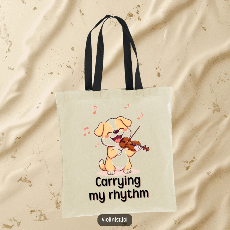 Funny dog tote bag depicting a delighted dog energetically bobbing its head to a violin's rhythm, perfect for carrying music and smiles.