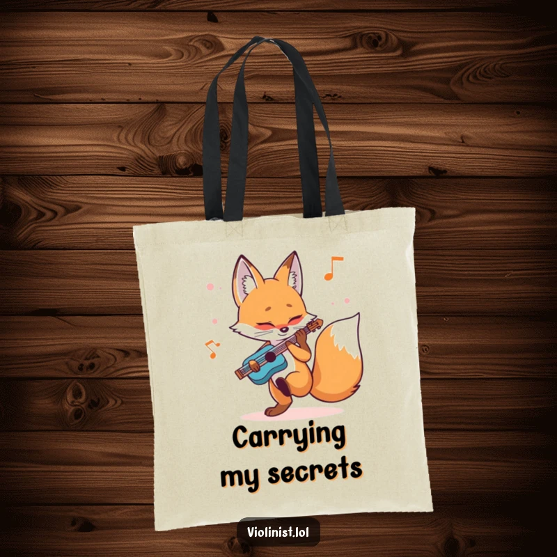 Funny fox tote bag with a determined vulpine tapping its foot while playing music, a stylish and rhythmic accessory.