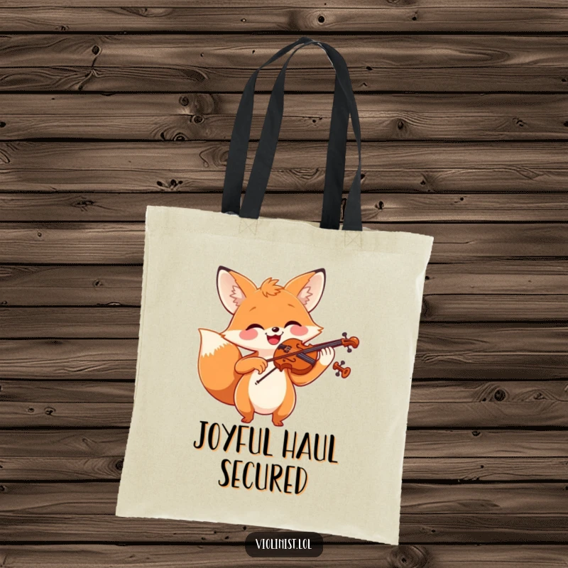 Funny cheerful fox playing violin with a wide smile, a humorous tote bag.