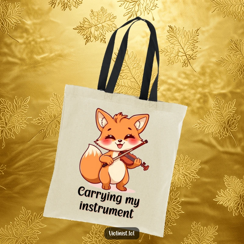 Funny tote bag with a cheerful fox beaming, masterfully playing the violin with impressive flair and a smile.