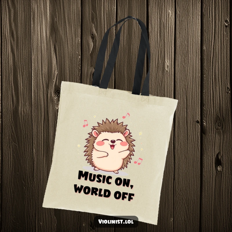 Funny hedgehog tote bag, giggling with eyes closed, swaying to music, illustrating a passion for melodies and joyful expression.