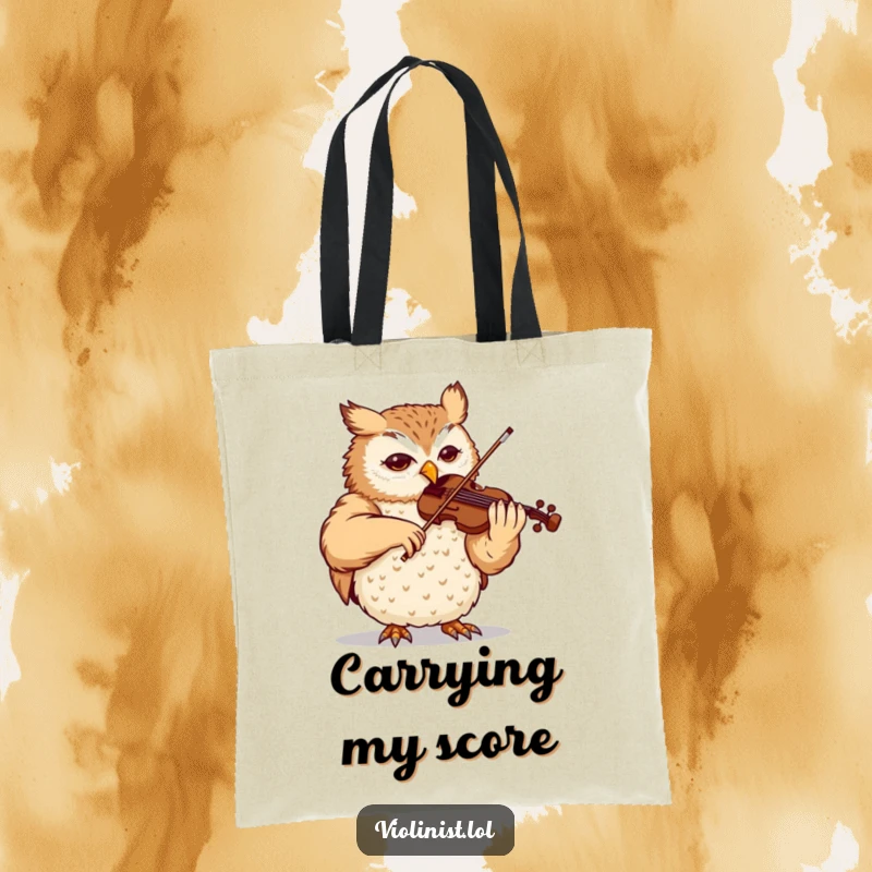 Funny owl tote bag, content and focused, beautifully playing a violin, showcasing artistic passion and musical skill.