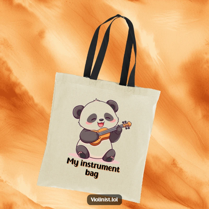 Funny panda tote bag, silly grin, energetically strumming a tiny violin, a vibrant and humorous accessory for daily use.