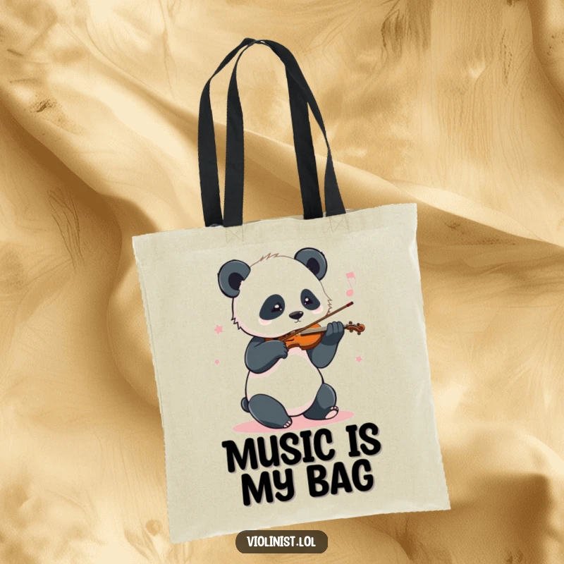 Funny Panda Violin Tote Bag: A playful panda sways to its violin music, embodying a cheerful and rhythmic approach to carrying items.