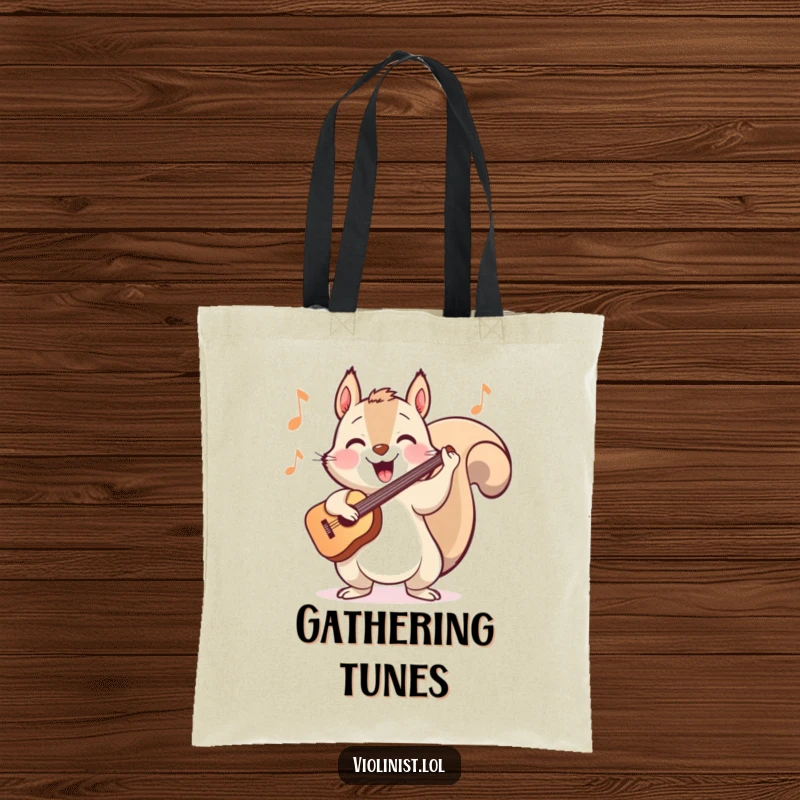 Funny tote bag showing a happy squirrel energetically bopping its head while playing a cheerful tune on the violin.